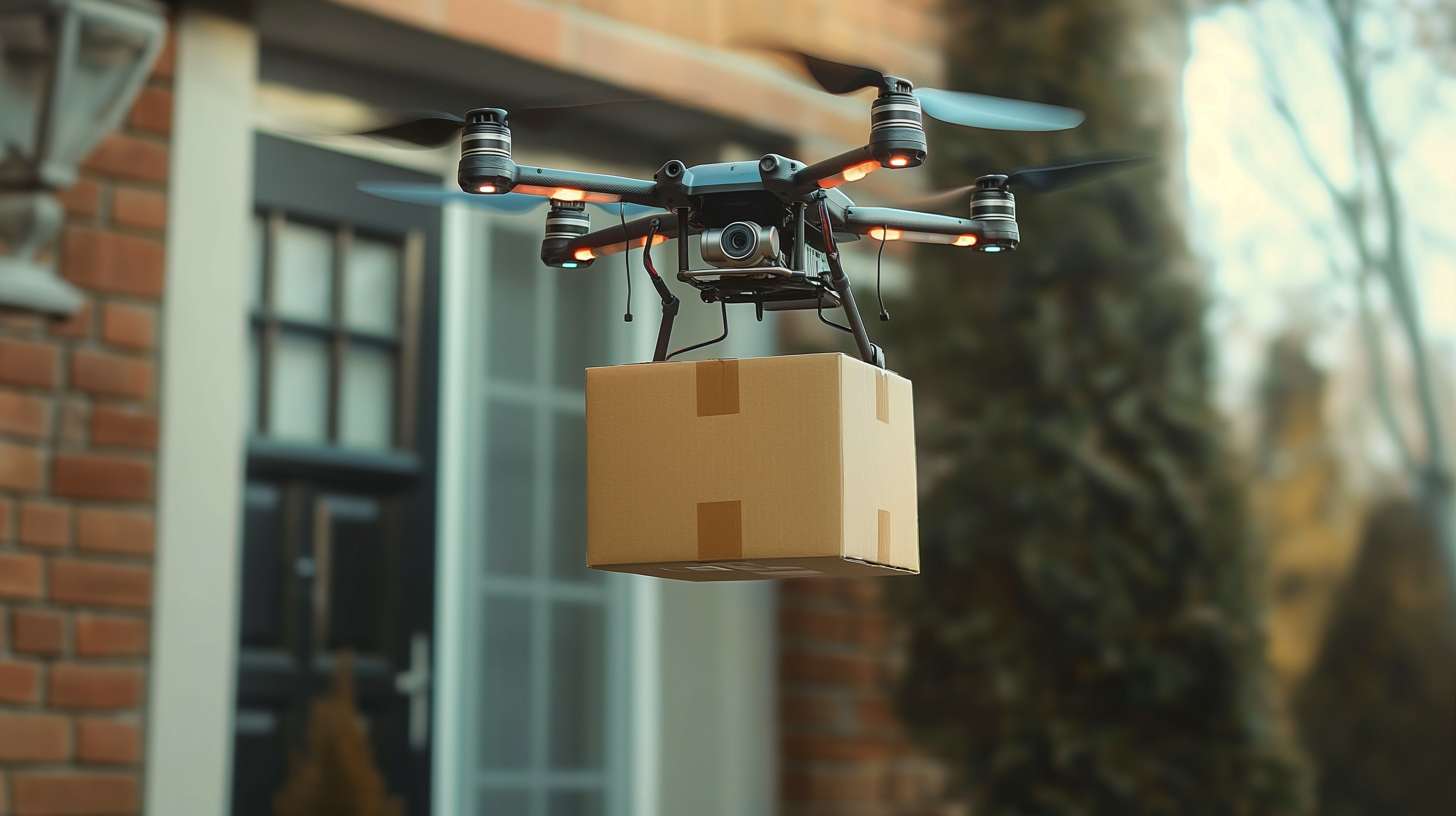 A drone is seen flying over a house while carrying a box, highlighting innovative logistics in a suburban area.